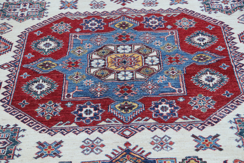 8x10 Beige Super Kazak Geometric Area Rug | Handmade Wool & Cotton Rug