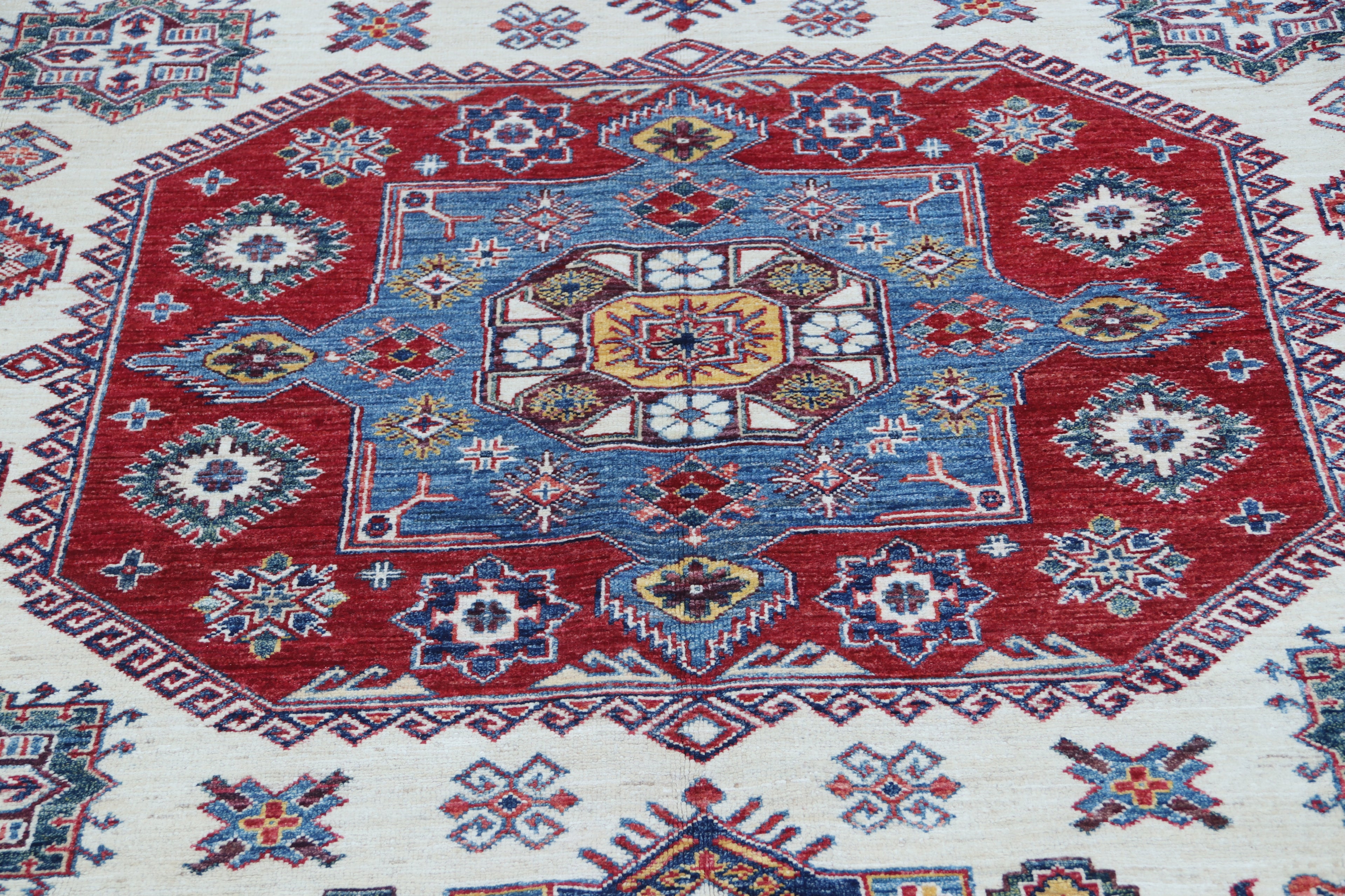 8x10 Beige Super Kazak Geometric Area Rug | Handmade Wool & Cotton Rug