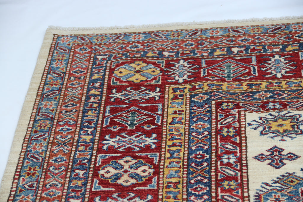 8x10 Beige Super Kazak Geometric Area Rug | Handmade Wool & Cotton Rug