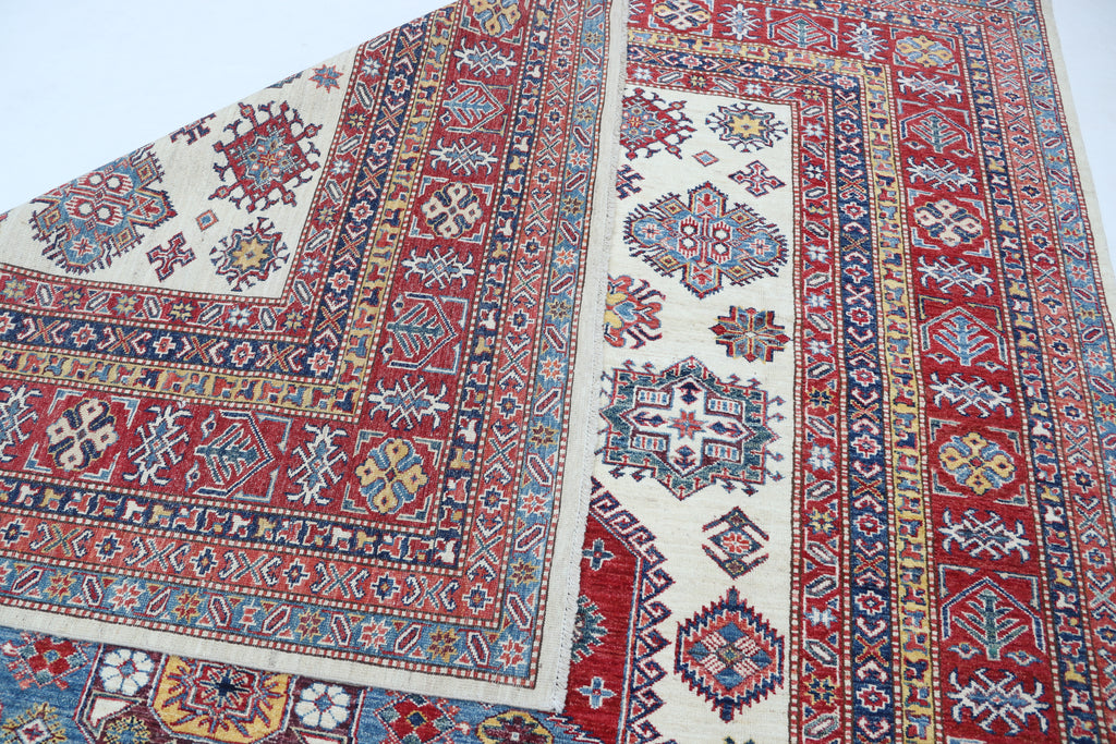 8x10 Beige Super Kazak Geometric Area Rug | Handmade Wool & Cotton Rug