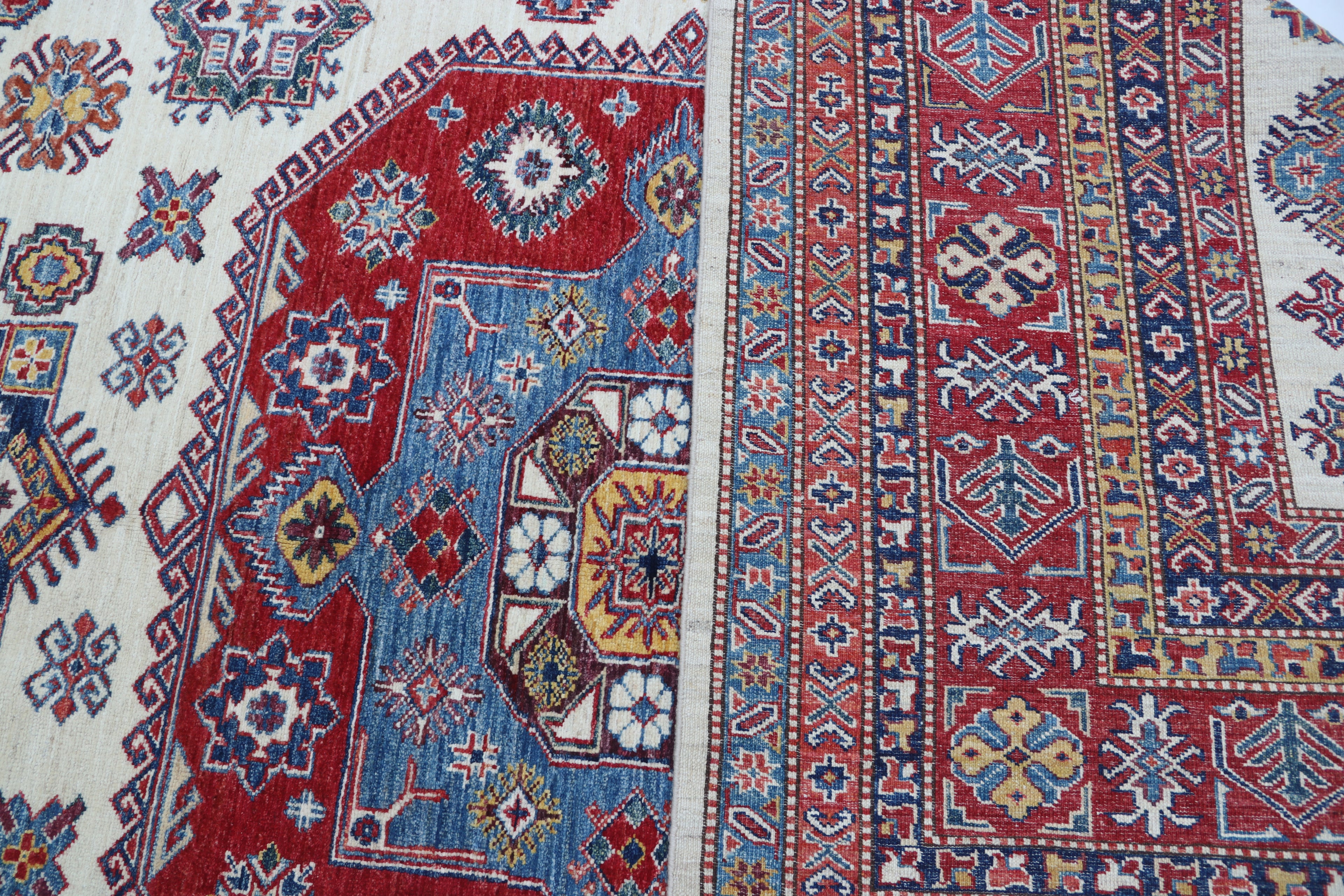 8x10 Beige Super Kazak Geometric Area Rug | Handmade Wool & Cotton Rug