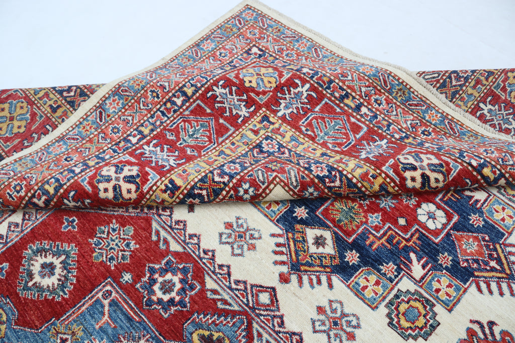 8x10 Beige Super Kazak Geometric Area Rug | Handmade Wool & Cotton Rug