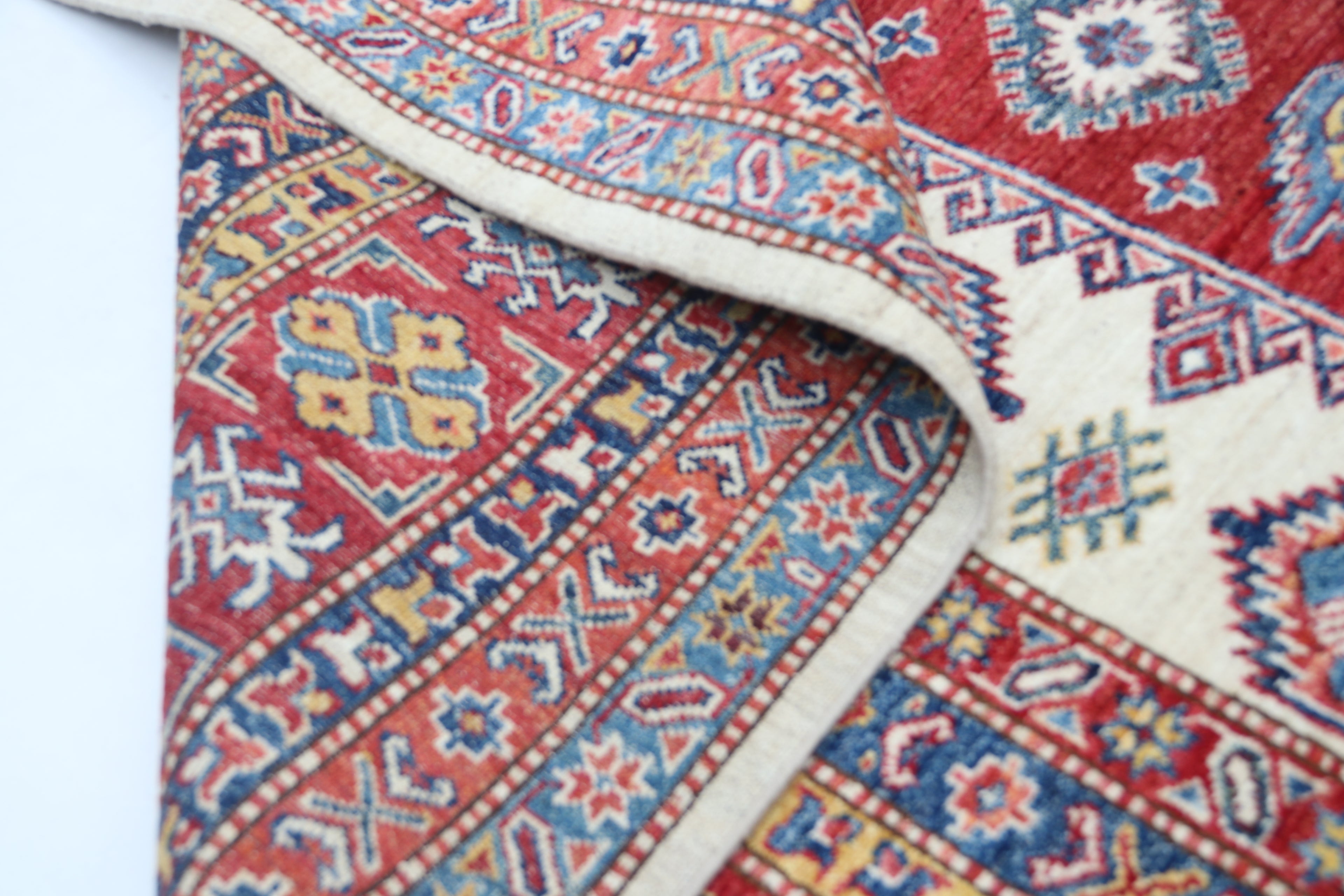 8x10 Beige Super Kazak Geometric Area Rug | Handmade Wool & Cotton Rug