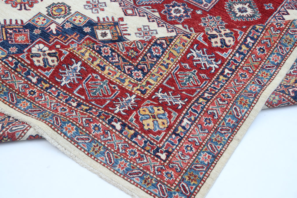 8x10 Beige Super Kazak Geometric Area Rug | Handmade Wool & Cotton Rug