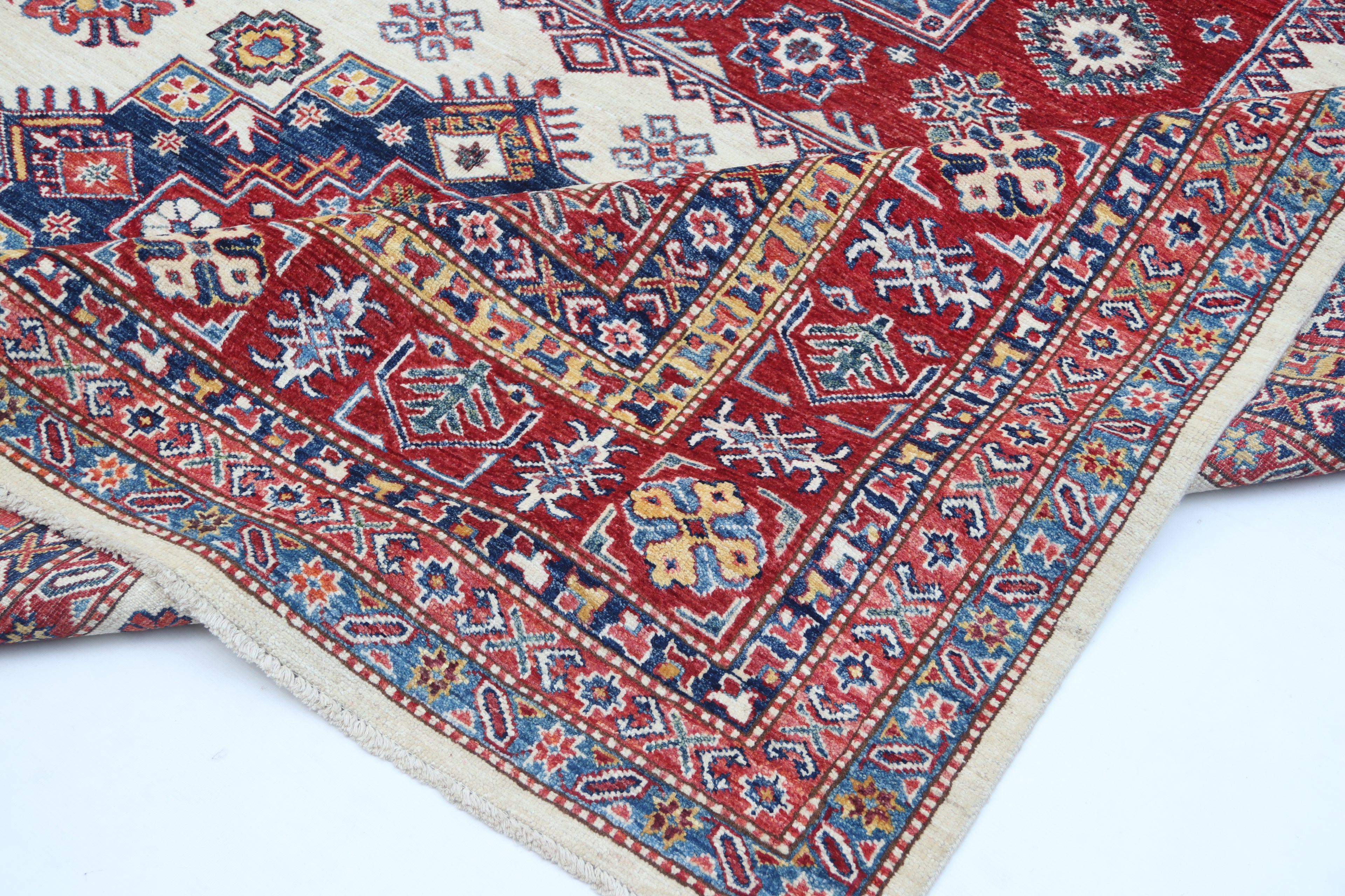 8x10 Beige Super Kazak Geometric Area Rug | Handmade Wool & Cotton Rug