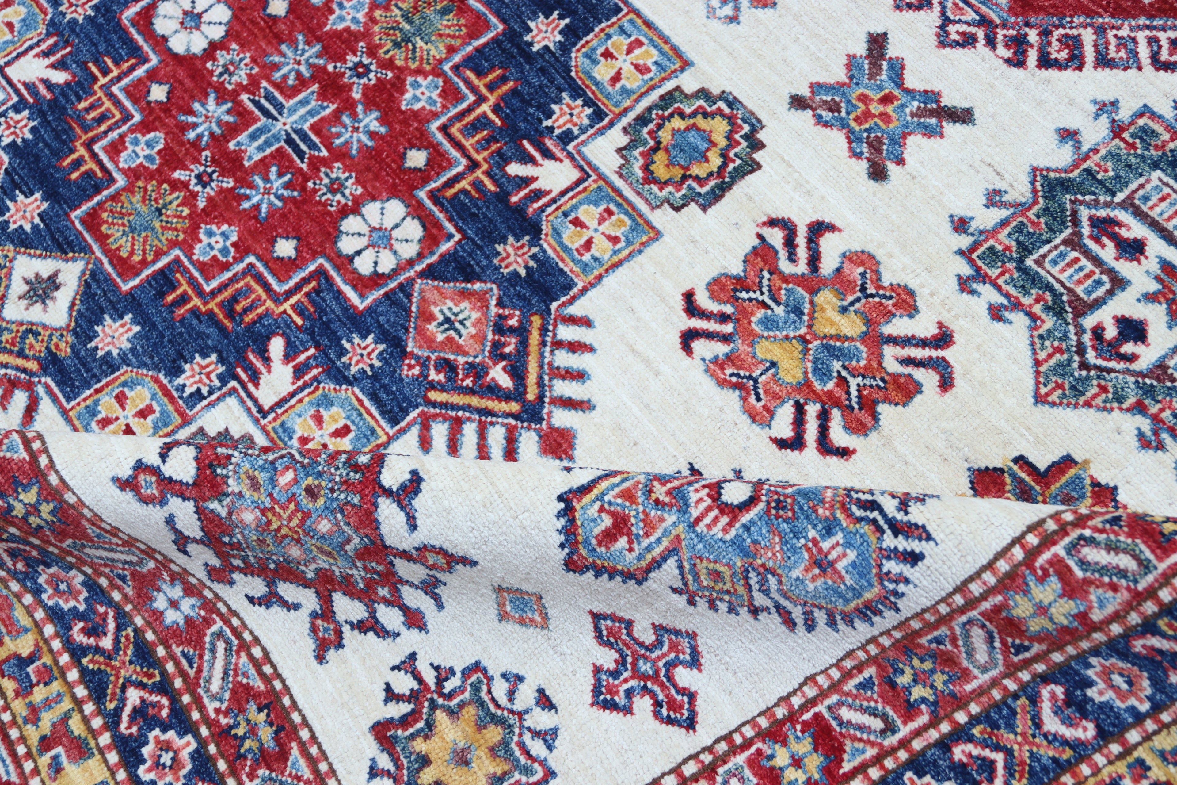 8x10 Beige Super Kazak Geometric Area Rug | Handmade Wool & Cotton Rug