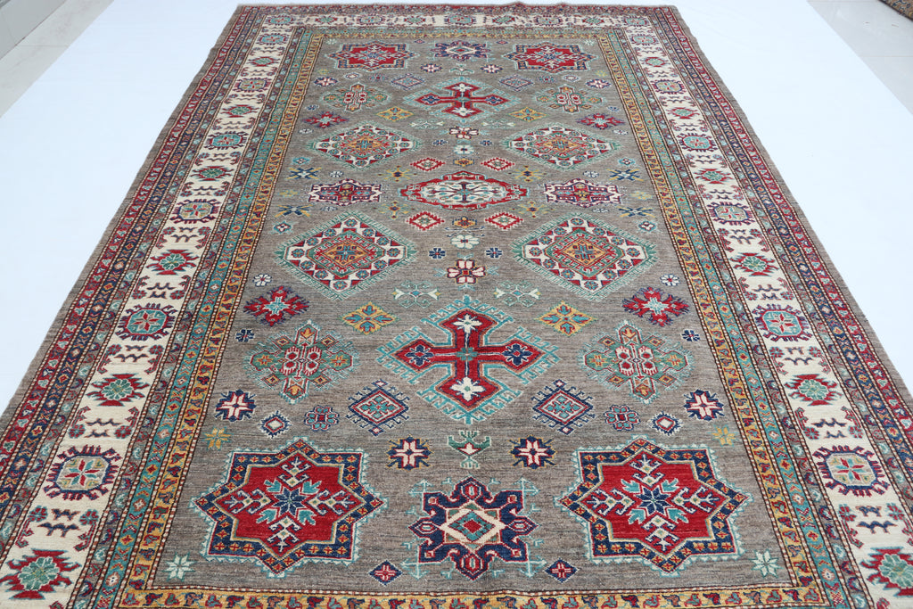 6.5x10 Gray Super Kazak Geometric Area Rug | Handmade Wool & Cotton Rug