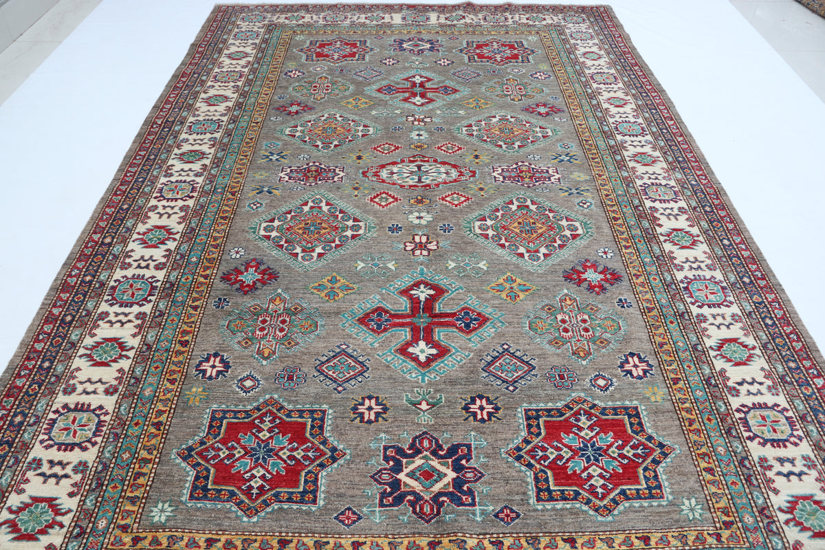 6.5x10 Gray Super Kazak Geometric Area Rug | Handmade Wool & Cotton Rug