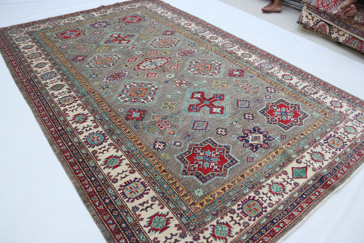6.5x10 Gray Super Kazak Geometric Area Rug | Handmade Wool & Cotton Rug