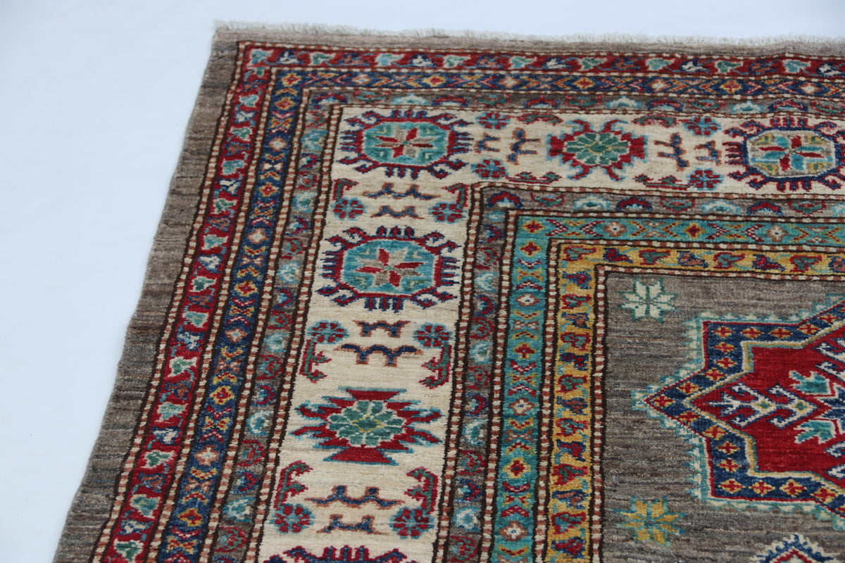 6.5x10 Gray Super Kazak Geometric Area Rug | Handmade Wool & Cotton Rug