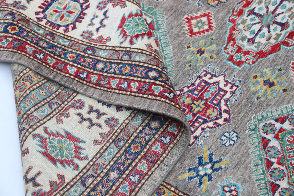 6.5x10 Gray Super Kazak Geometric Area Rug | Handmade Wool & Cotton Rug