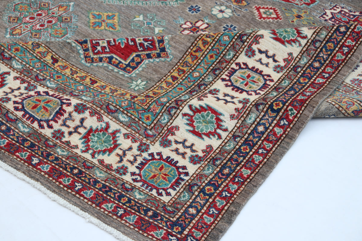 6.5x10 Gray Super Kazak Geometric Area Rug | Handmade Wool & Cotton Rug