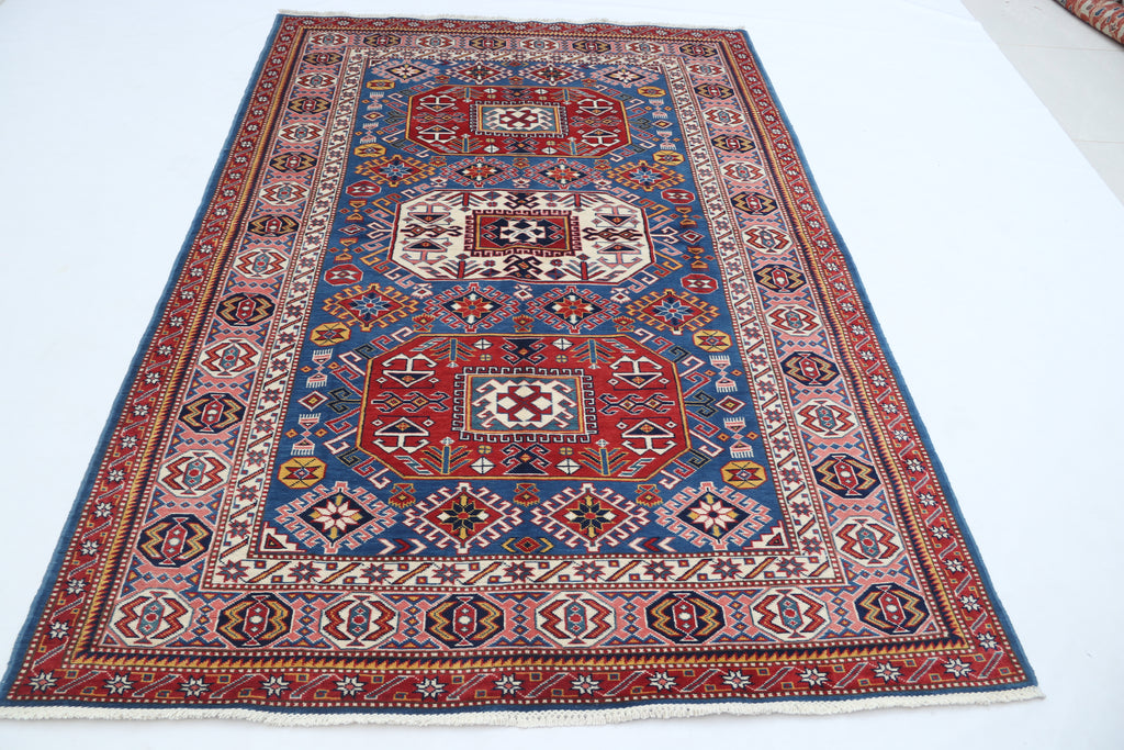 5x7 Blue Super Kazak Geometric Area Rug | Handmade Wool & Cotton Rug