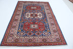 5x7 Blue Super Kazak Geometric Area Rug | Handmade Wool & Cotton Rug
