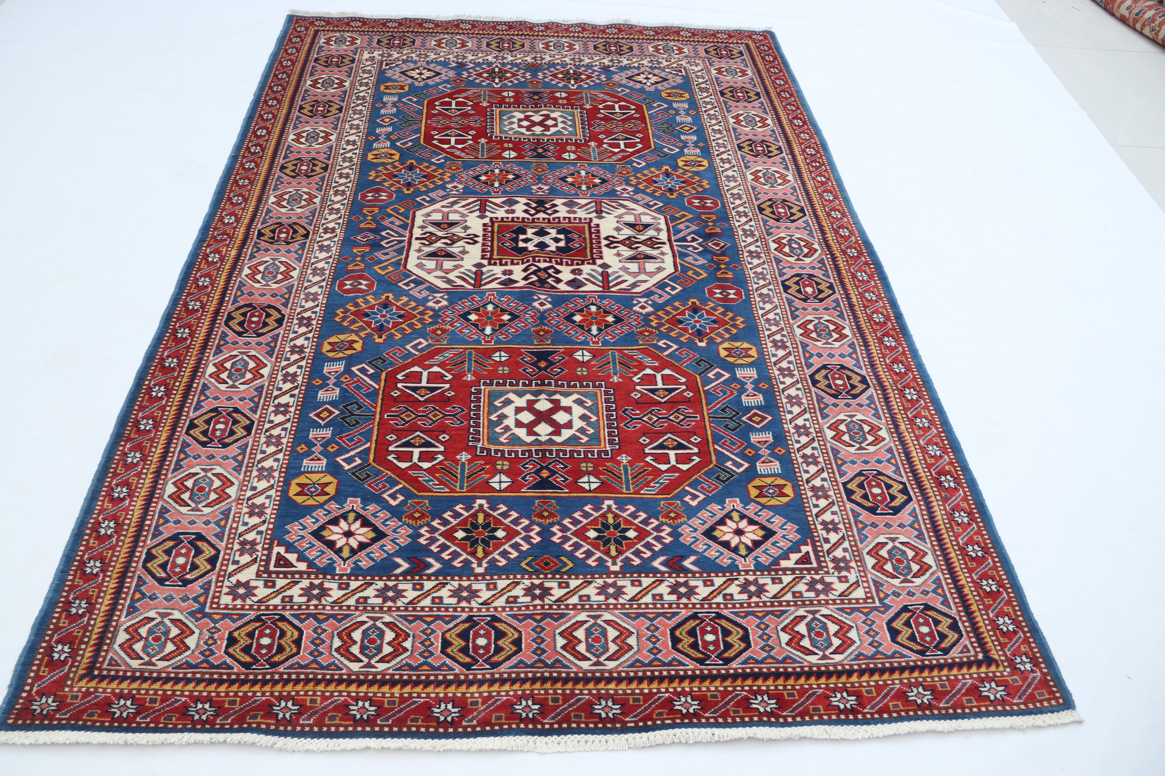 5x7 Blue Super Kazak Geometric Area Rug | Handmade Wool & Cotton Rug