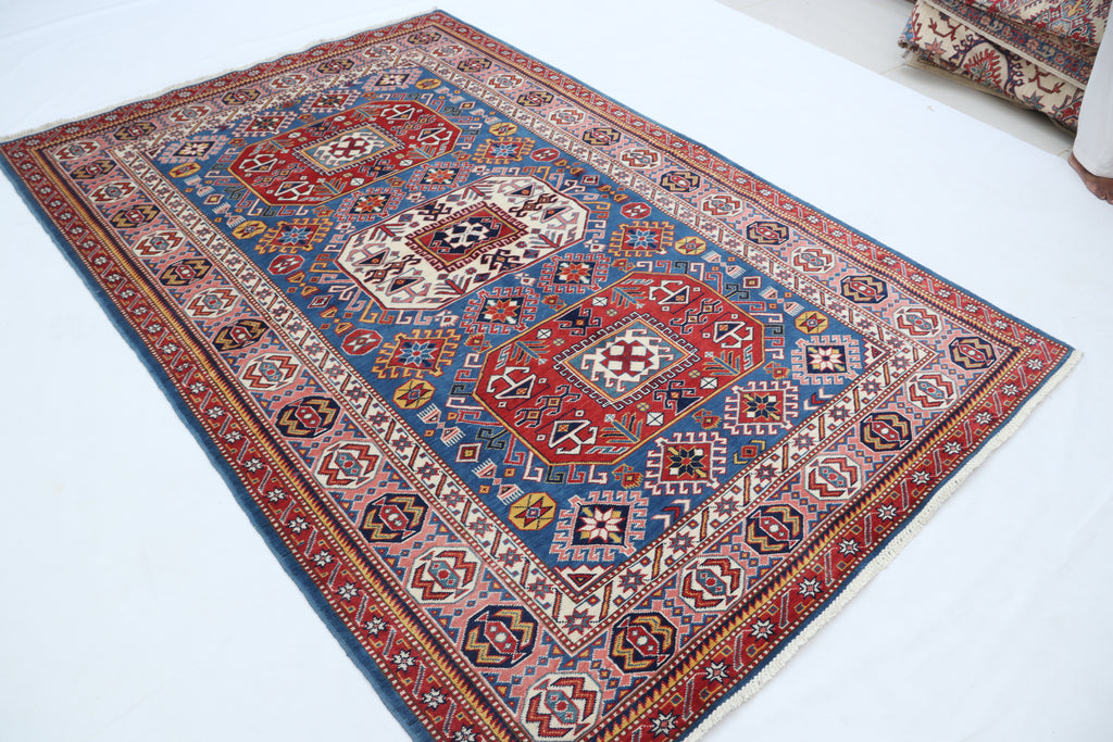 5x7 Blue Super Kazak Geometric Area Rug | Handmade Wool & Cotton Rug