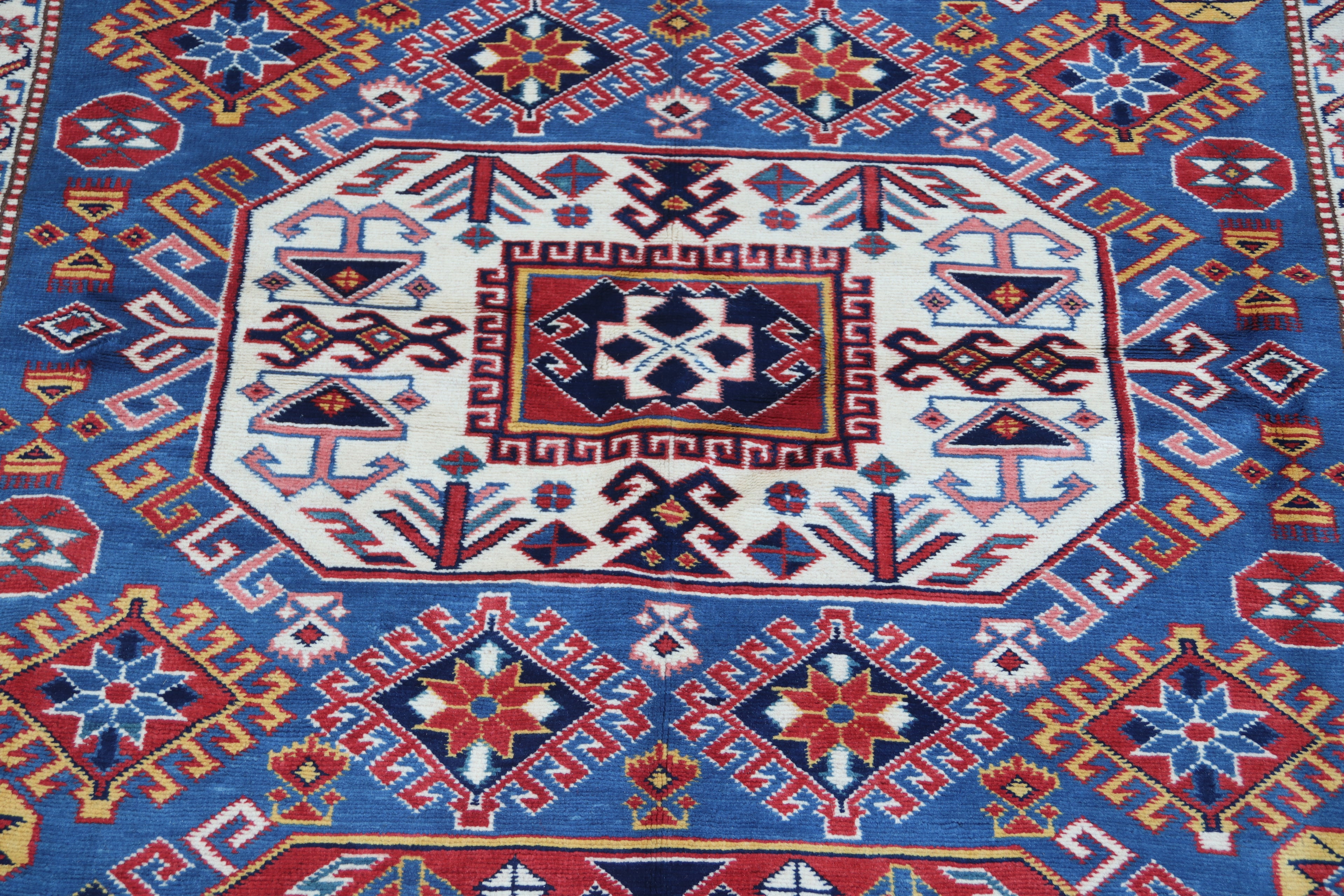 5x7 Blue Super Kazak Geometric Area Rug | Handmade Wool & Cotton Rug