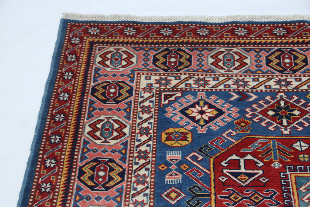 5x7 Blue Super Kazak Geometric Area Rug | Handmade Wool & Cotton Rug