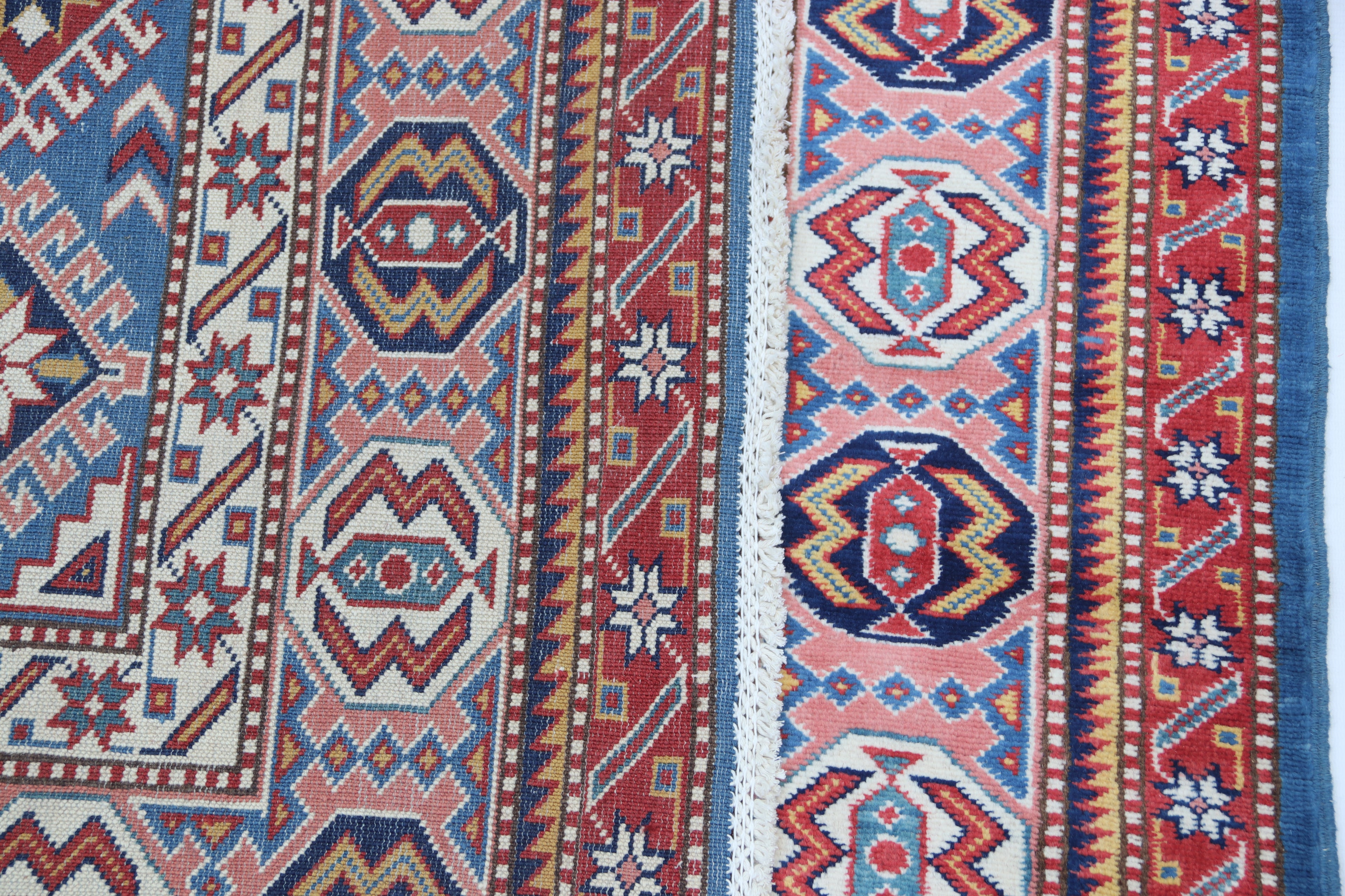 5x7 Blue Super Kazak Geometric Area Rug | Handmade Wool & Cotton Rug