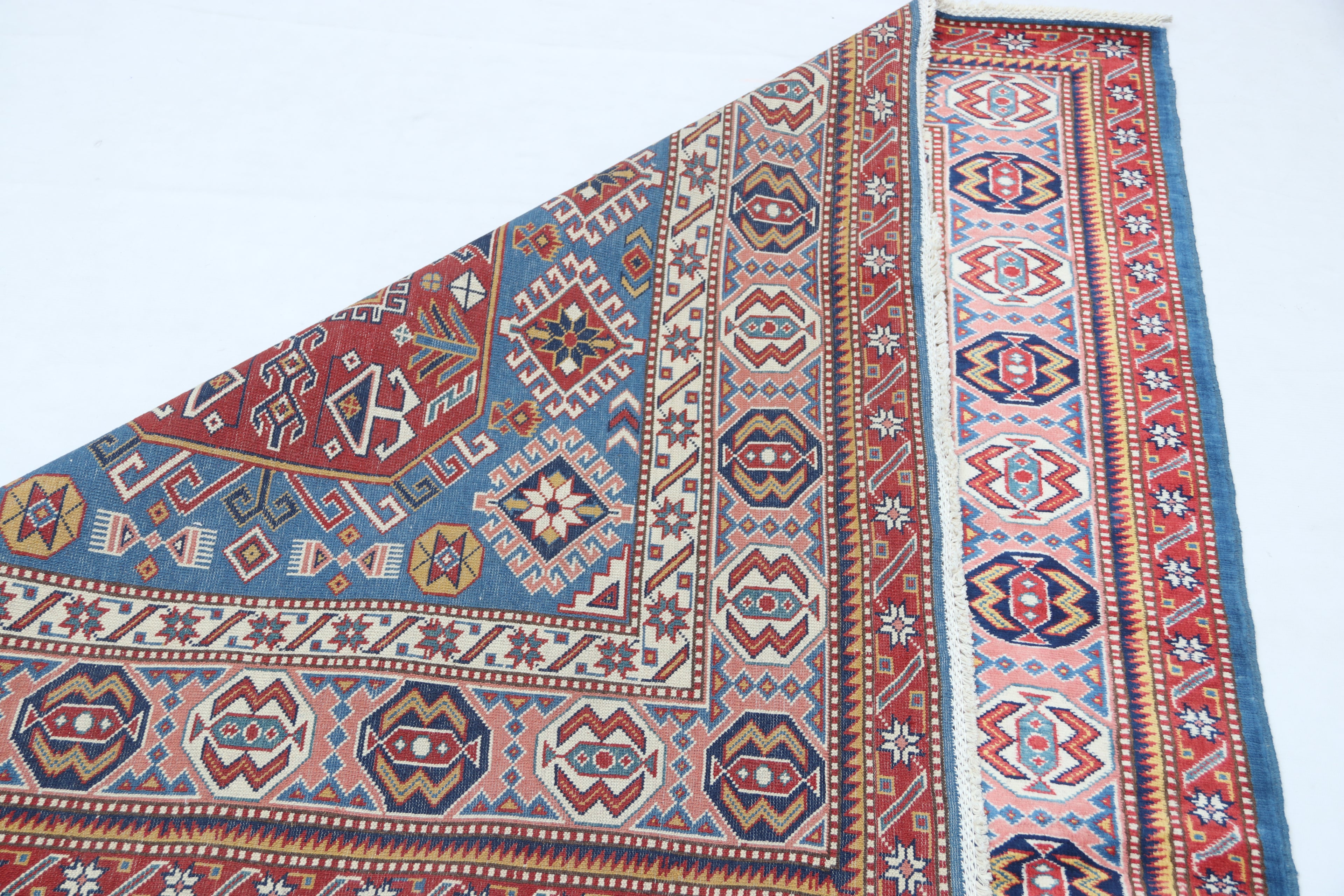 5x7 Blue Super Kazak Geometric Area Rug | Handmade Wool & Cotton Rug