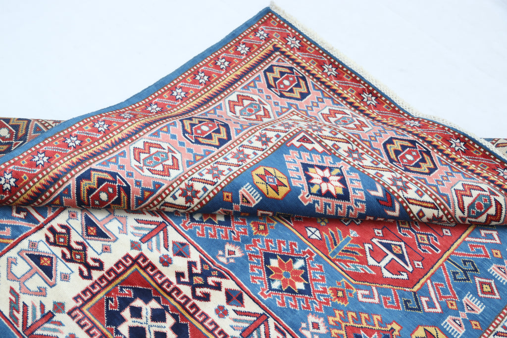 5x7 Blue Super Kazak Geometric Area Rug | Handmade Wool & Cotton Rug