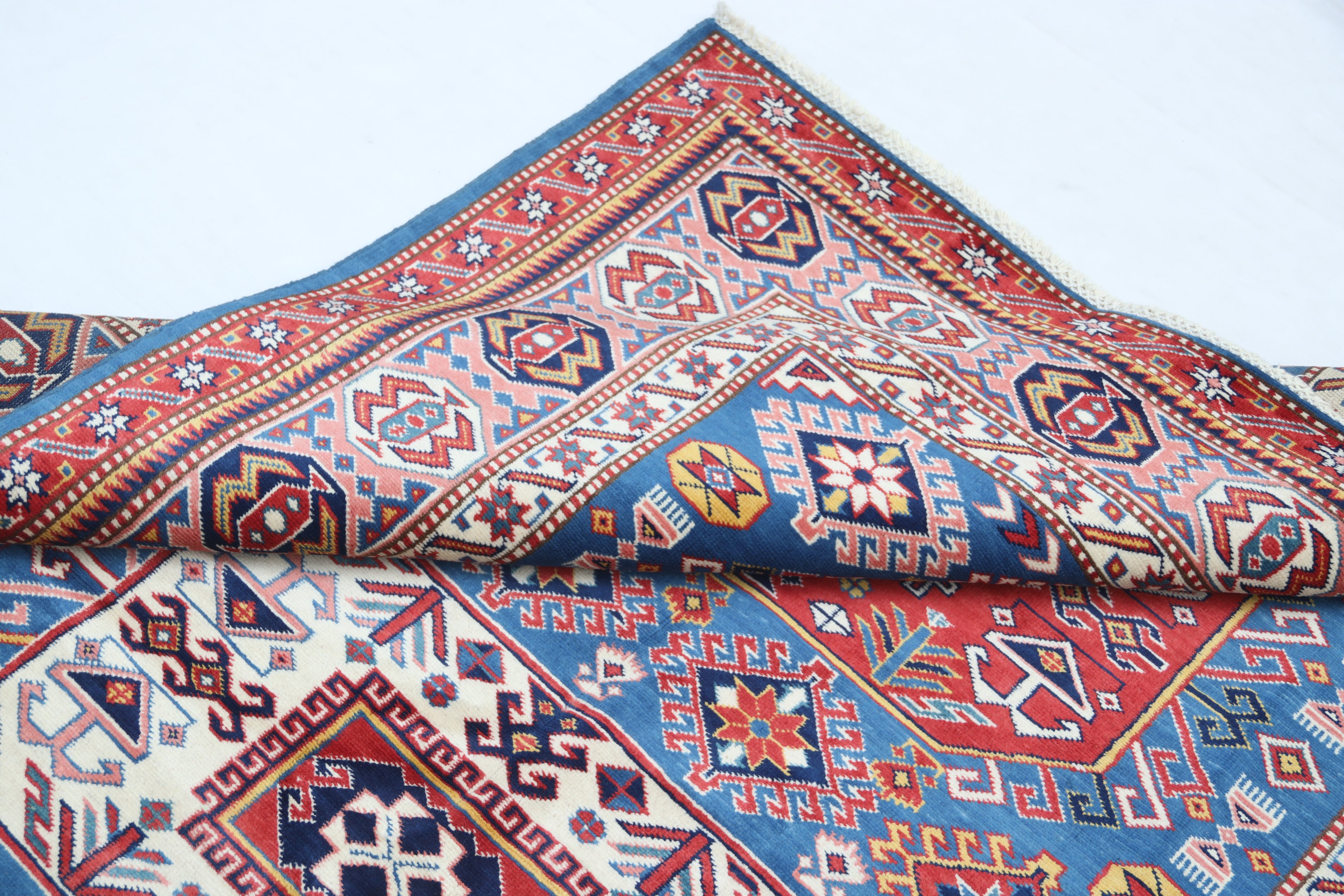 5x7 Blue Super Kazak Geometric Area Rug | Handmade Wool & Cotton Rug