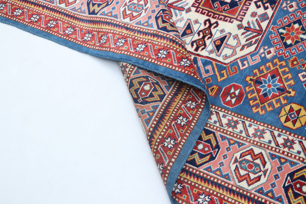 5x7 Blue Super Kazak Geometric Area Rug | Handmade Wool & Cotton Rug