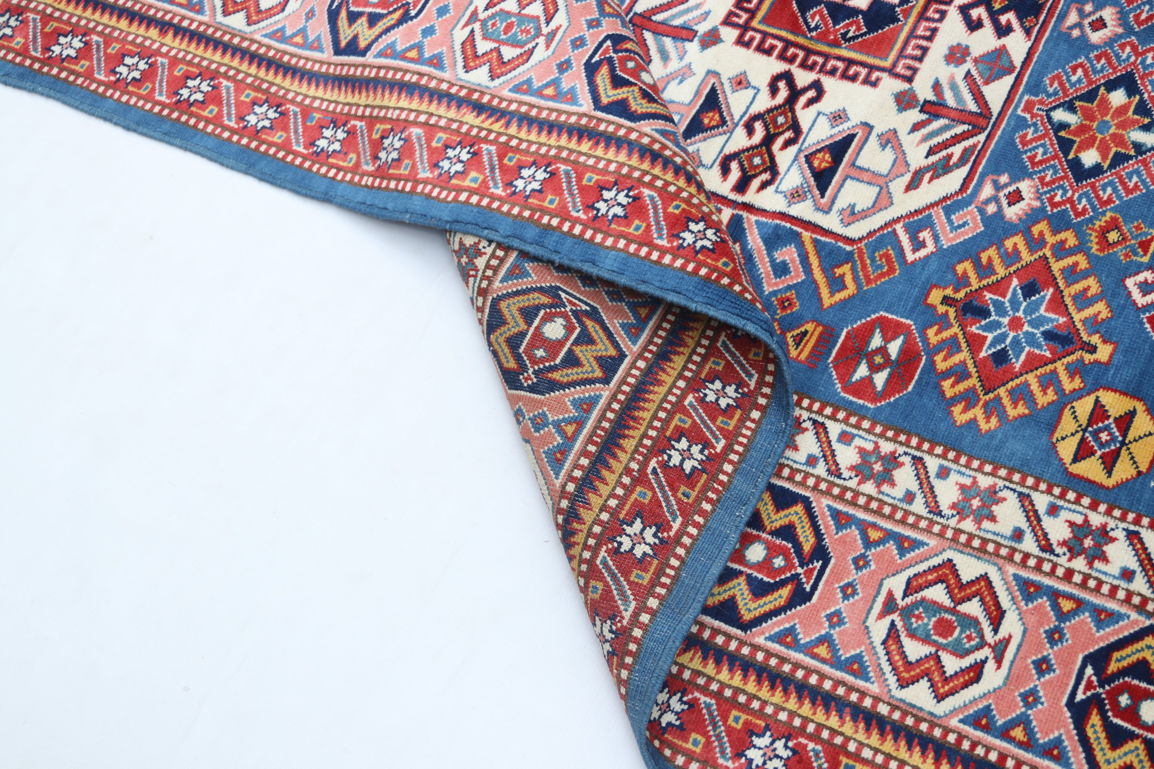 5x7 Blue Super Kazak Geometric Area Rug | Handmade Wool & Cotton Rug