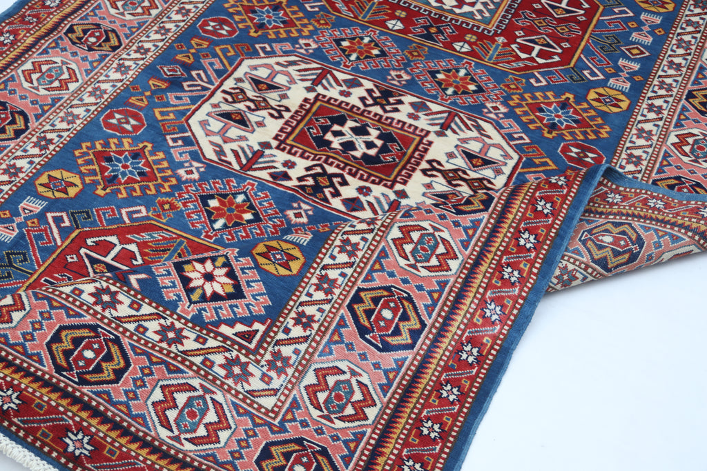 5x7 Blue Super Kazak Geometric Area Rug | Handmade Wool & Cotton Rug