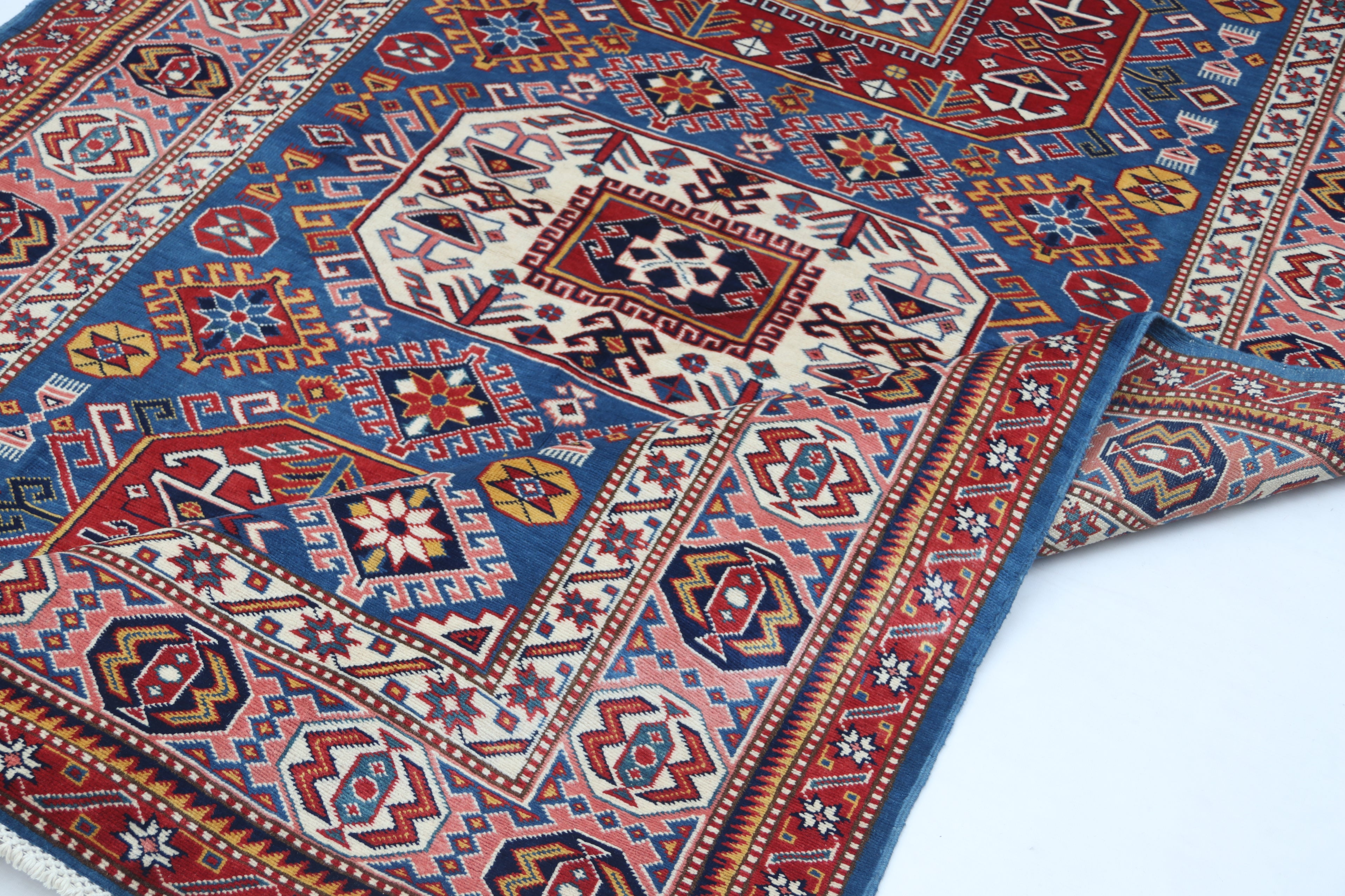 5x7 Blue Super Kazak Geometric Area Rug | Handmade Wool & Cotton Rug