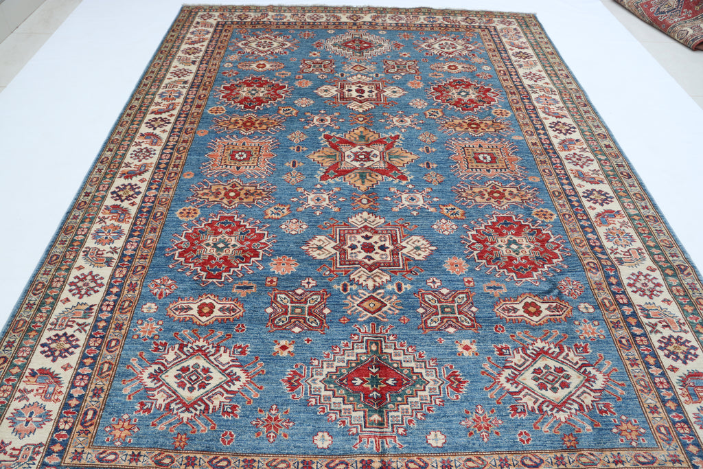 7x10 Blue Super Kazak Geometric Area Rug | Handmade Wool & Cotton Rug