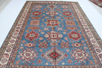 7x10 Blue Super Kazak Geometric Area Rug | Handmade Wool & Cotton Rug