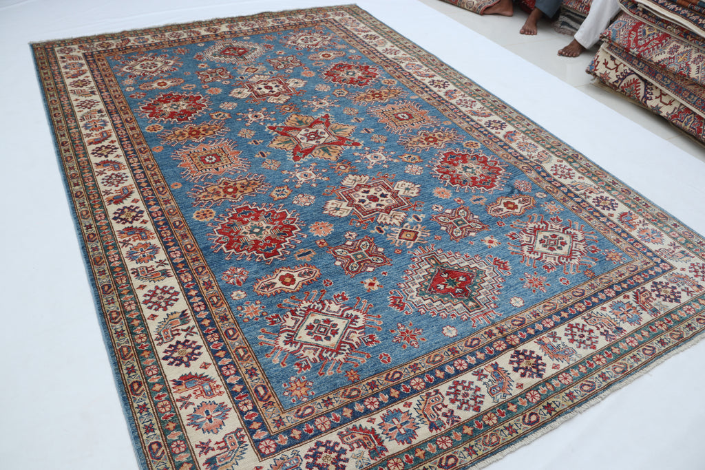 7x10 Blue Super Kazak Geometric Area Rug | Handmade Wool & Cotton Rug