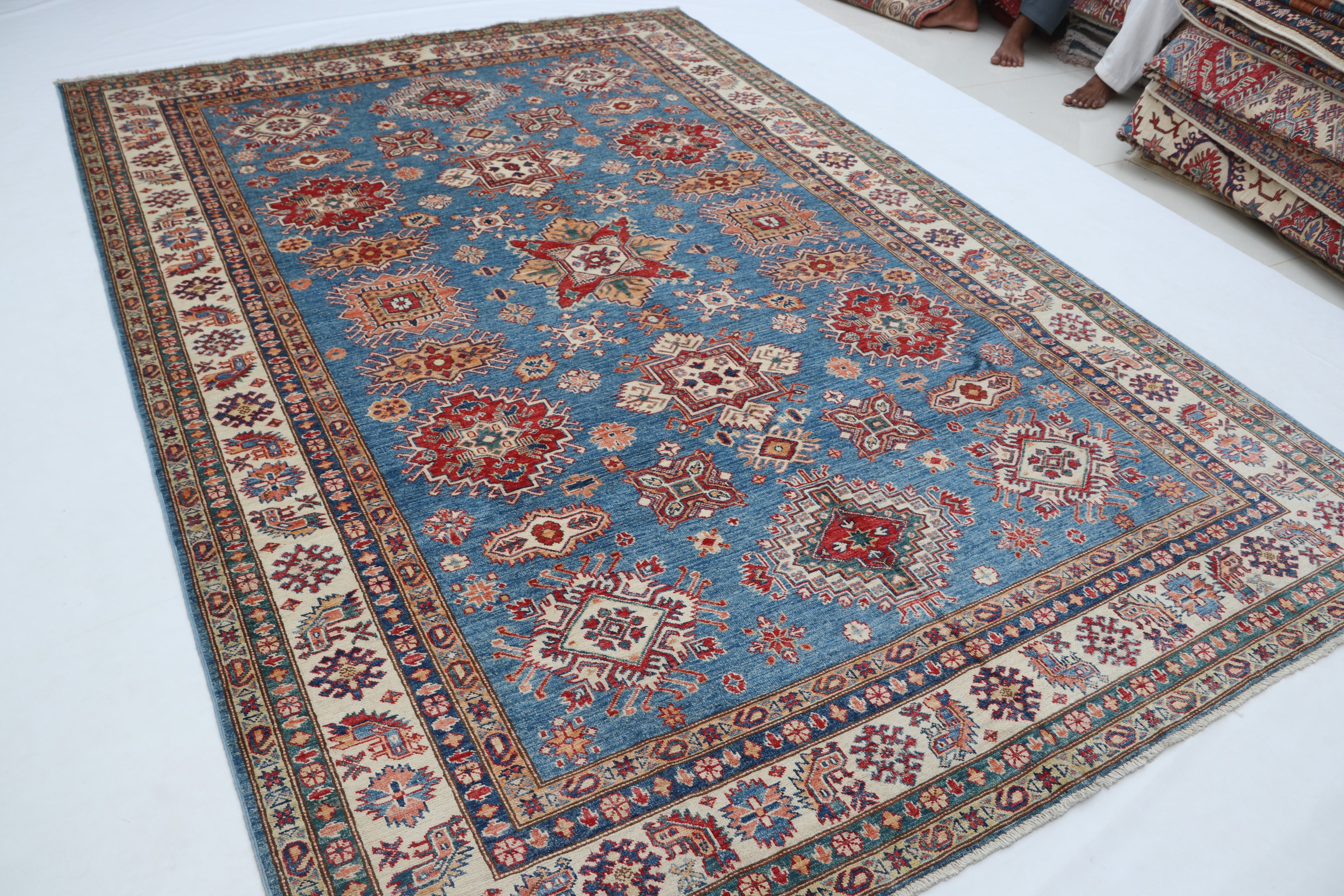 7x10 Blue Super Kazak Geometric Area Rug | Handmade Wool & Cotton Rug