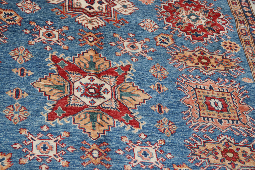 7x10 Blue Super Kazak Geometric Area Rug | Handmade Wool & Cotton Rug