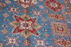 7x10 Blue Super Kazak Geometric Area Rug | Handmade Wool & Cotton Rug