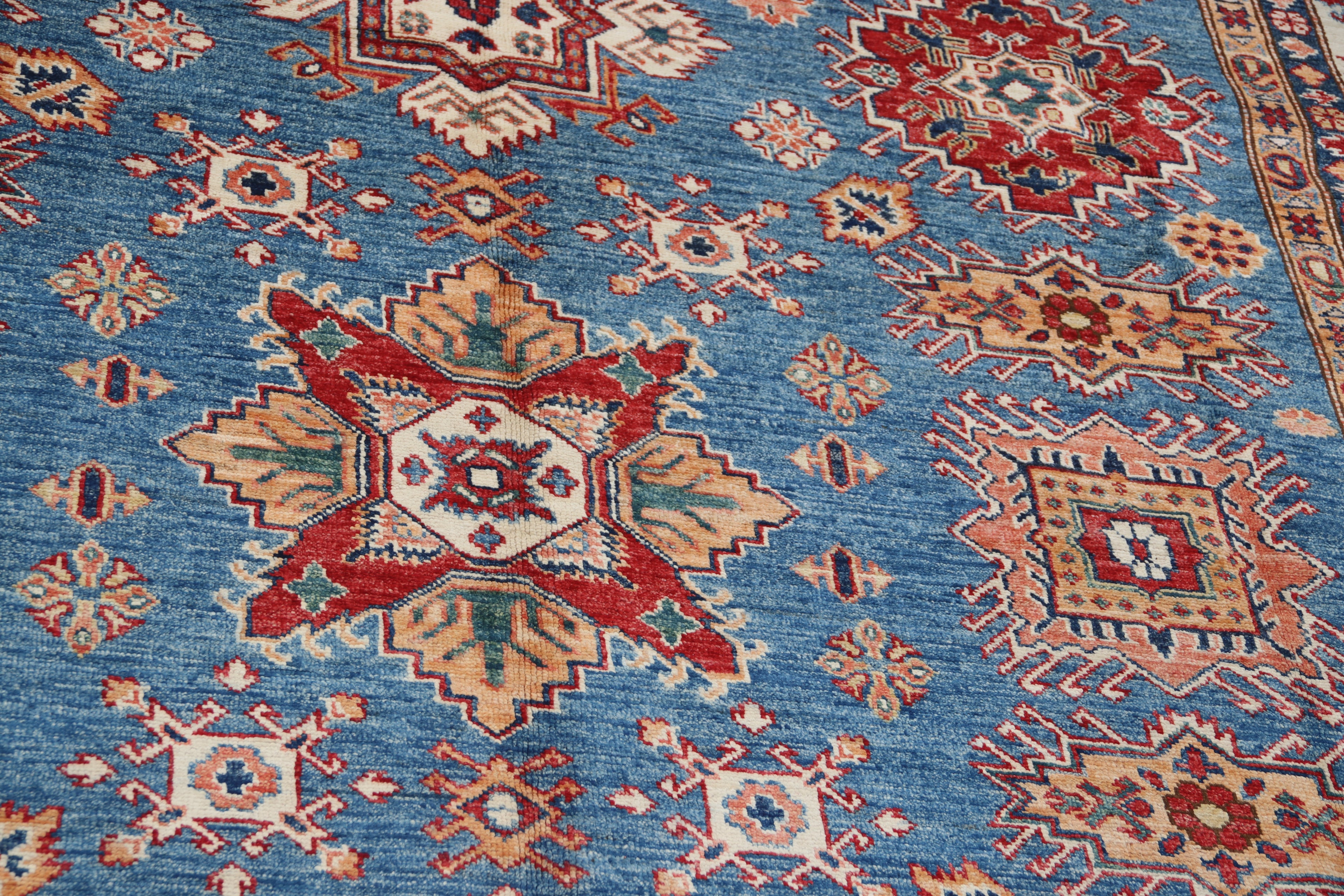 7x10 Blue Super Kazak Geometric Area Rug | Handmade Wool & Cotton Rug