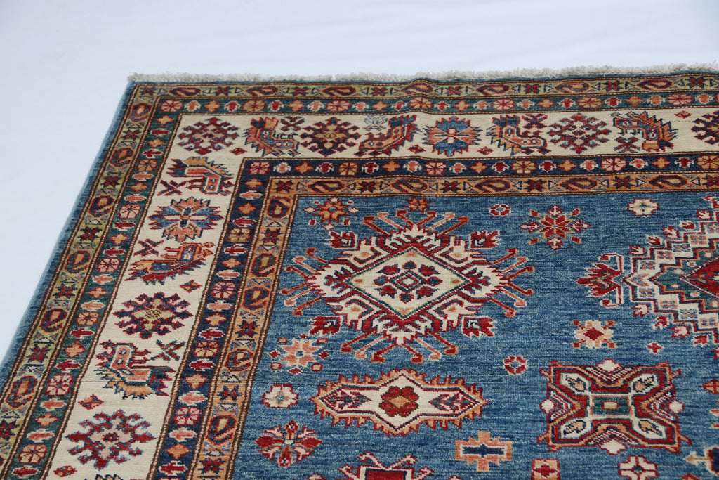 7x10 Blue Super Kazak Geometric Area Rug | Handmade Wool & Cotton Rug