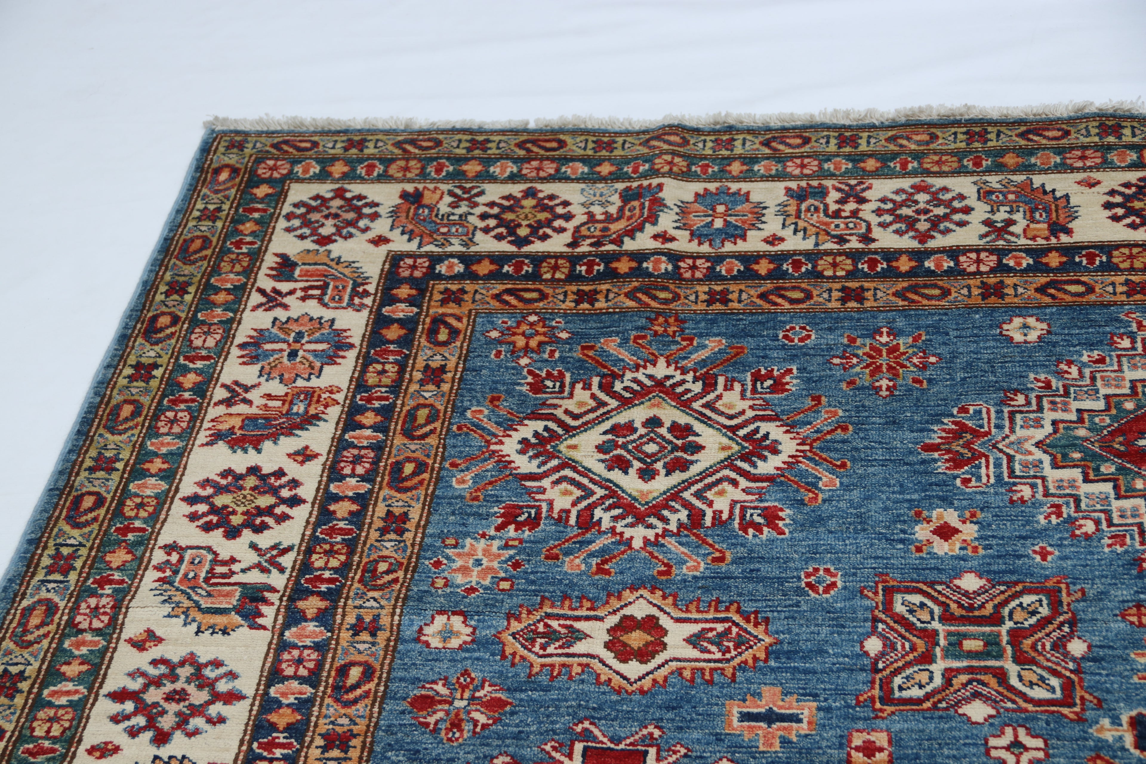 7x10 Blue Super Kazak Geometric Area Rug | Handmade Wool & Cotton Rug