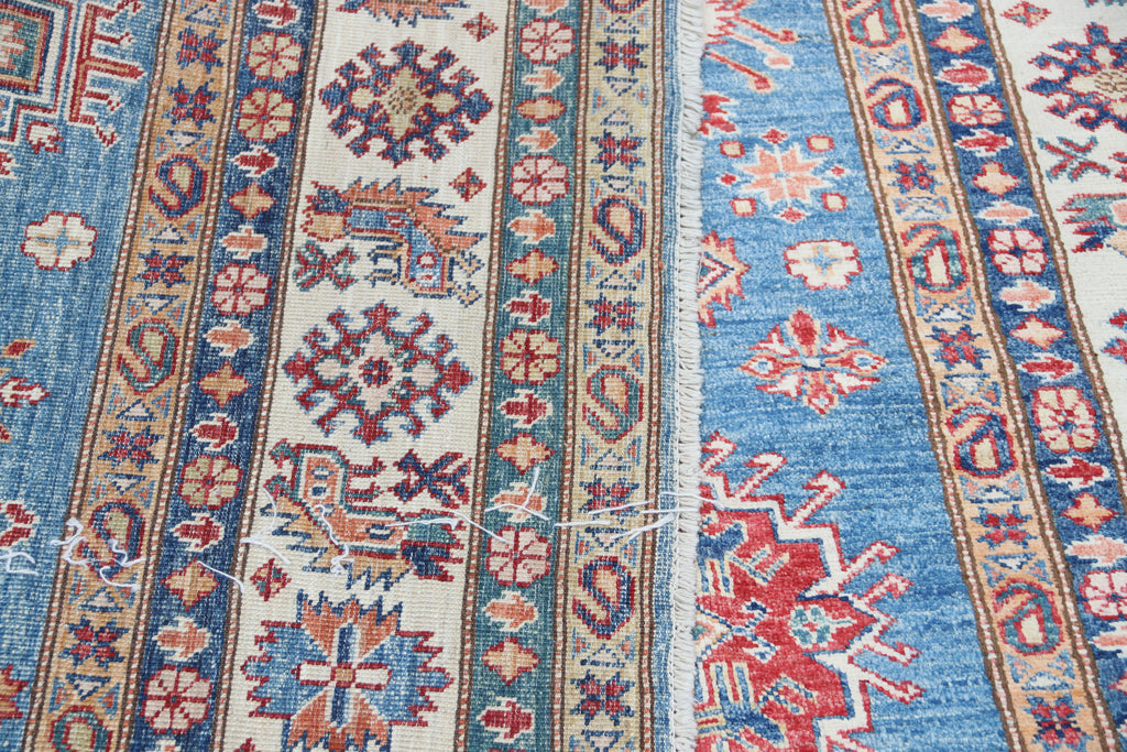 7x10 Blue Super Kazak Geometric Area Rug | Handmade Wool & Cotton Rug