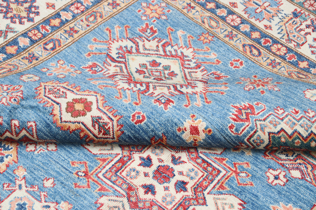 7x10 Blue Super Kazak Geometric Area Rug | Handmade Wool & Cotton Rug