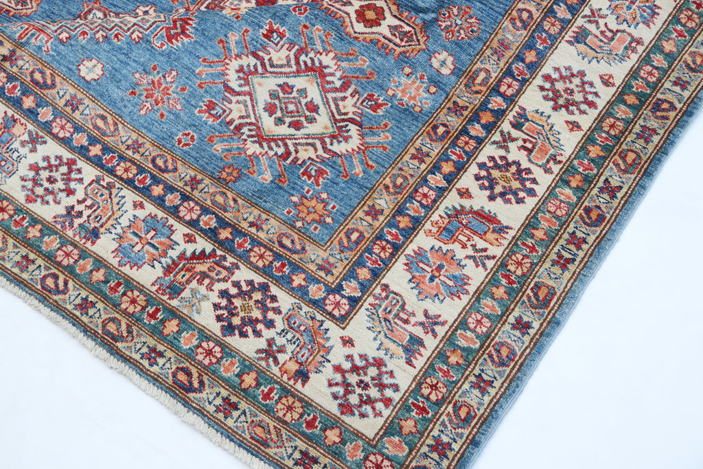 7x10 Blue Super Kazak Geometric Area Rug | Handmade Wool & Cotton Rug