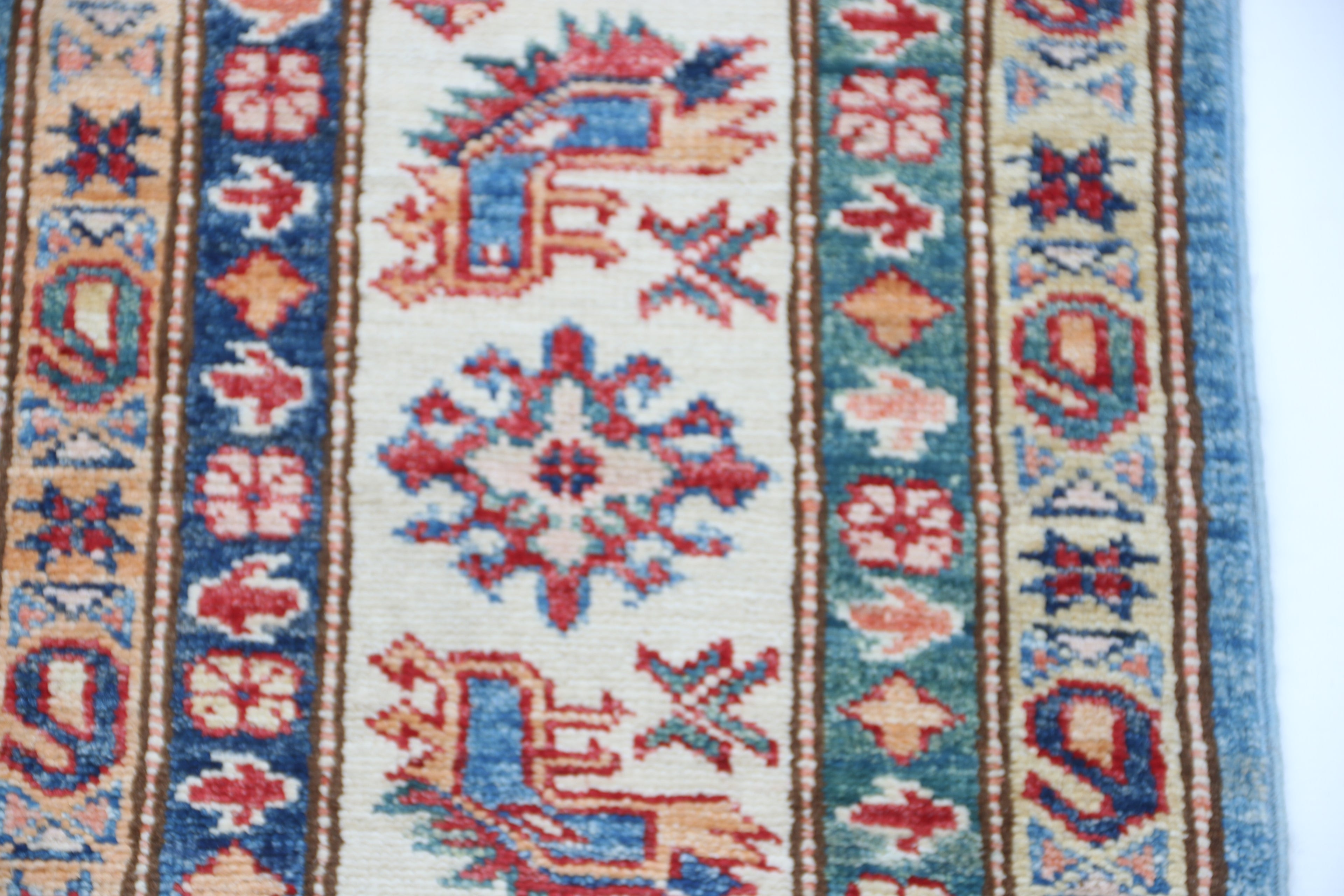 7x10 Blue Super Kazak Geometric Area Rug | Handmade Wool & Cotton Rug