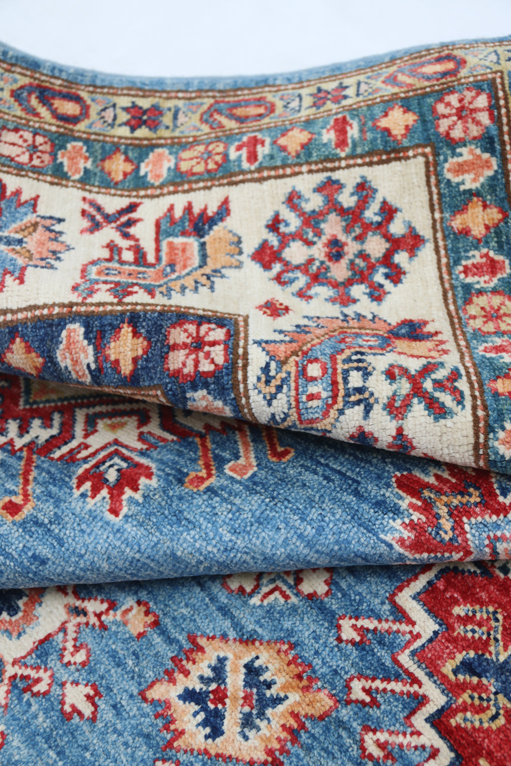 7x10 Blue Super Kazak Geometric Area Rug | Handmade Wool & Cotton Rug