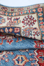 7x10 Blue Super Kazak Geometric Area Rug | Handmade Wool & Cotton Rug