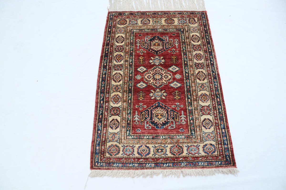 2.5x4 Red Super Kazak Geometric Area Rug | Handmade Wool & Cotton Rug