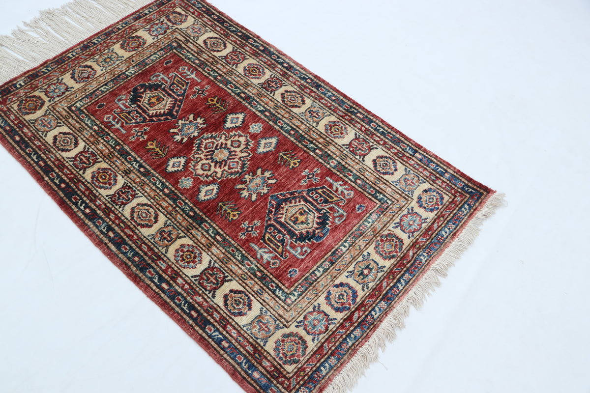 2.5x4 Red Super Kazak Geometric Area Rug | Handmade Wool & Cotton Rug