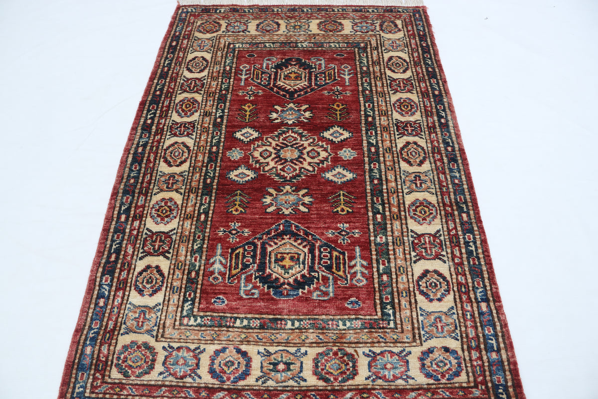 2.5x4 Red Super Kazak Geometric Area Rug | Handmade Wool & Cotton Rug