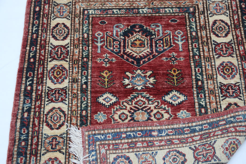 2.5x4 Red Super Kazak Geometric Area Rug | Handmade Wool & Cotton Rug