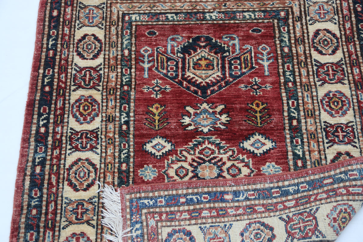 2.5x4 Red Super Kazak Geometric Area Rug | Handmade Wool & Cotton Rug